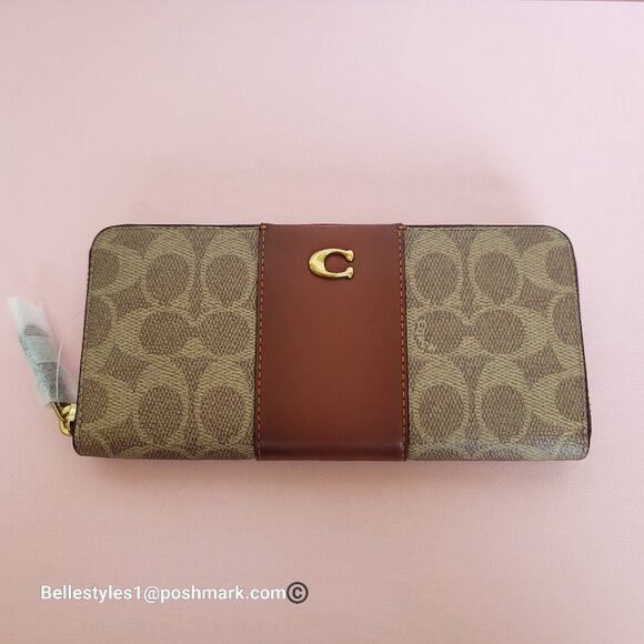 COACH Slim Accordion Zip Wallet In Signature Canvas with Back Slip Pocket-Tan ⭐ - Picture 5 of 16